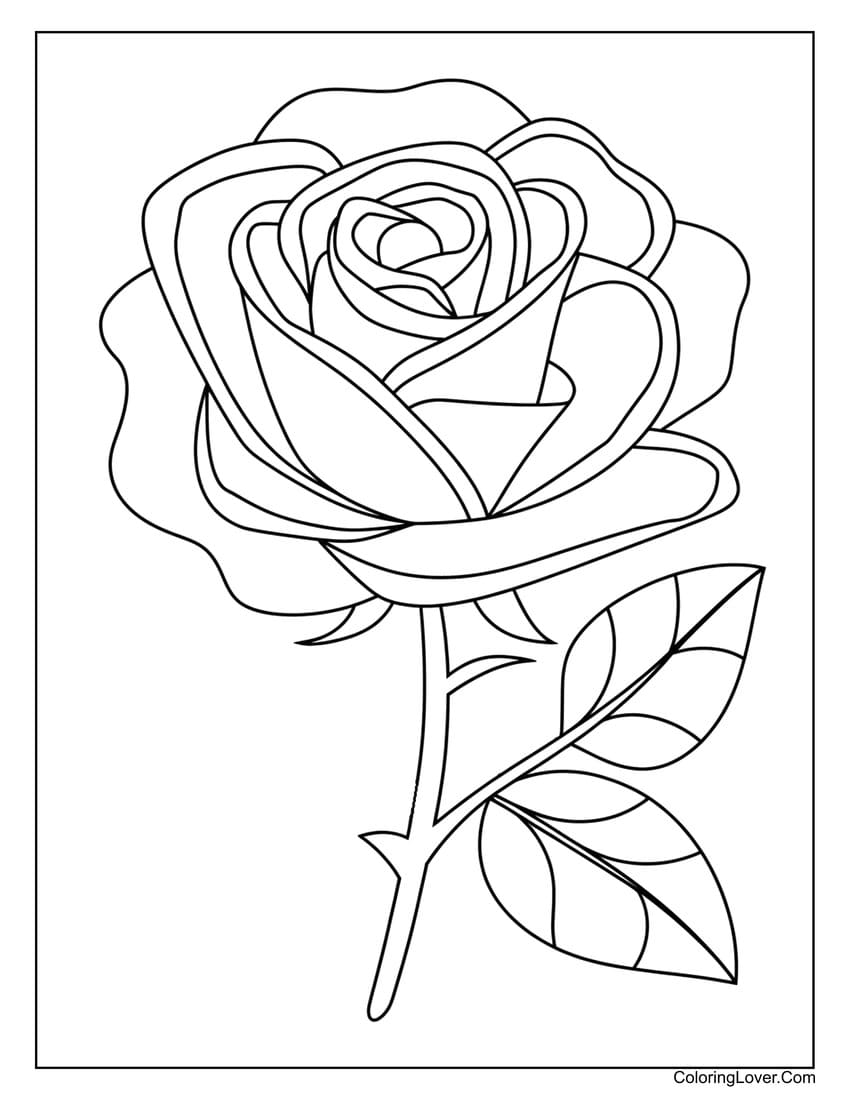 Basic single rose with leaves coloring page