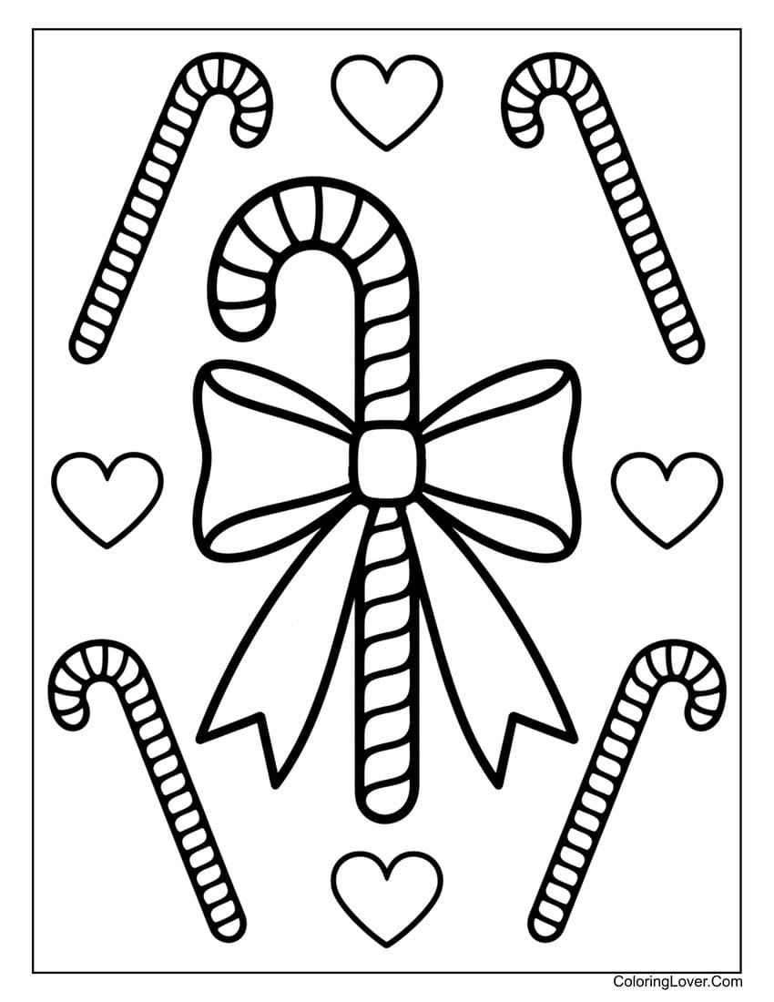 Big candy cane with hearts coloring page