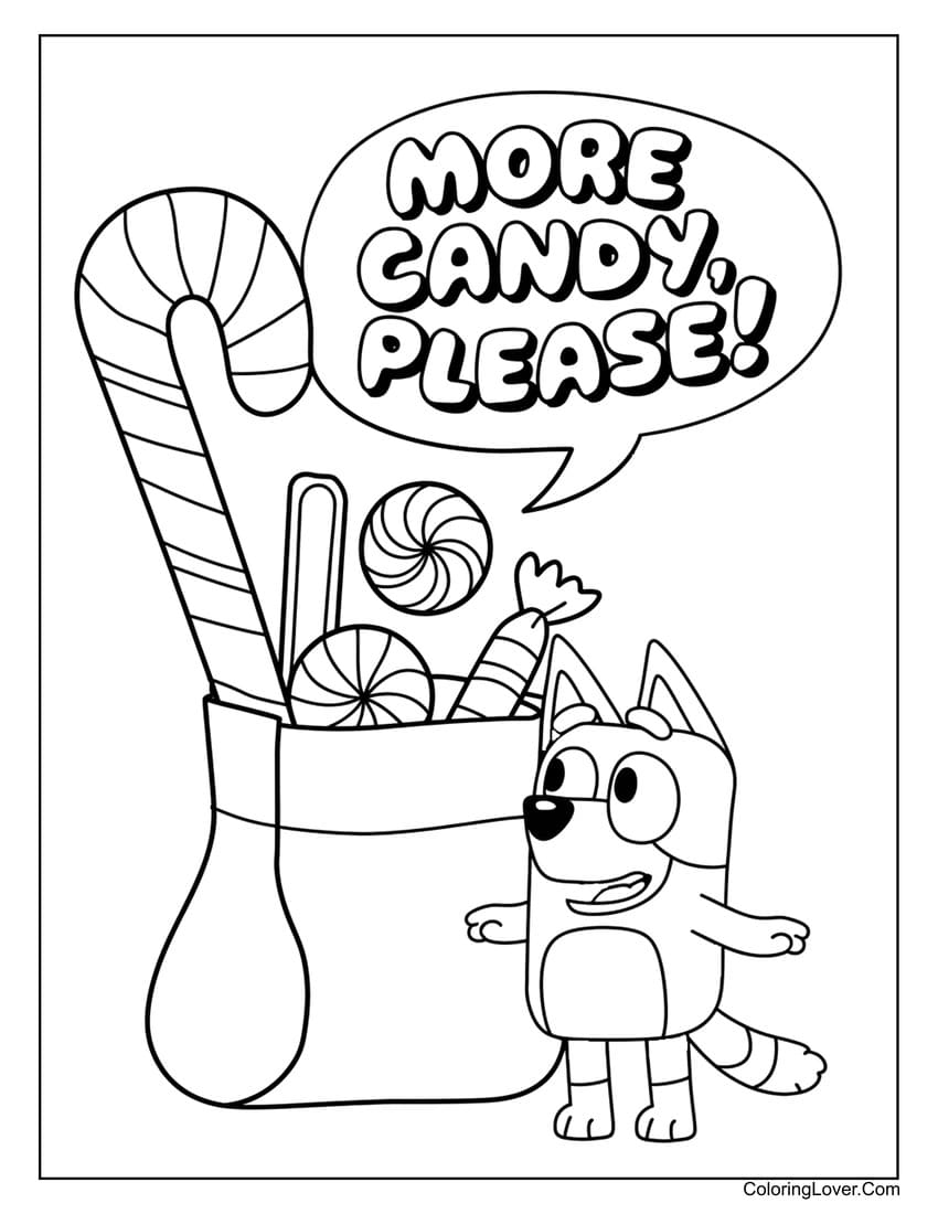 Bluey with candy bag and "More candy, please" text coloring page