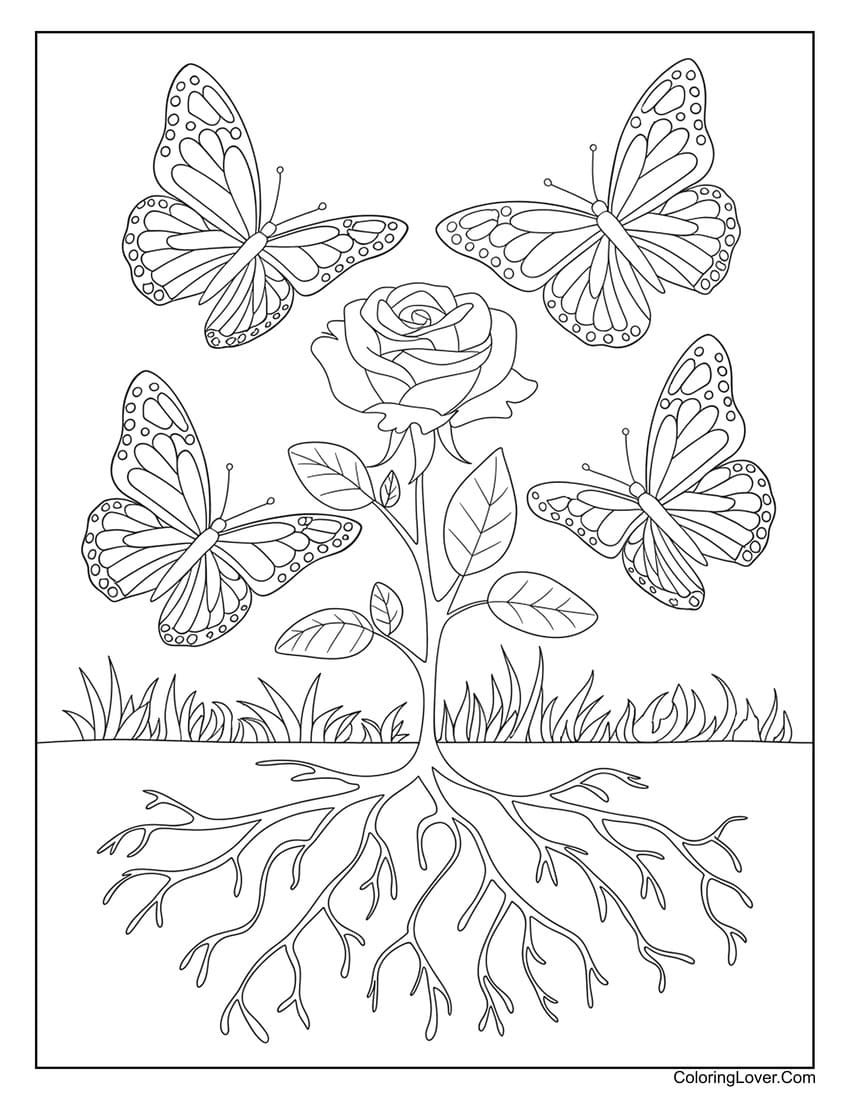 Butterflies flying around a cute rose coloring page