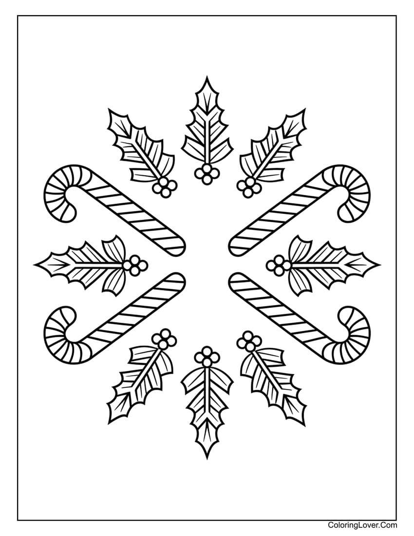 Candy cane and holly leaves coloring page