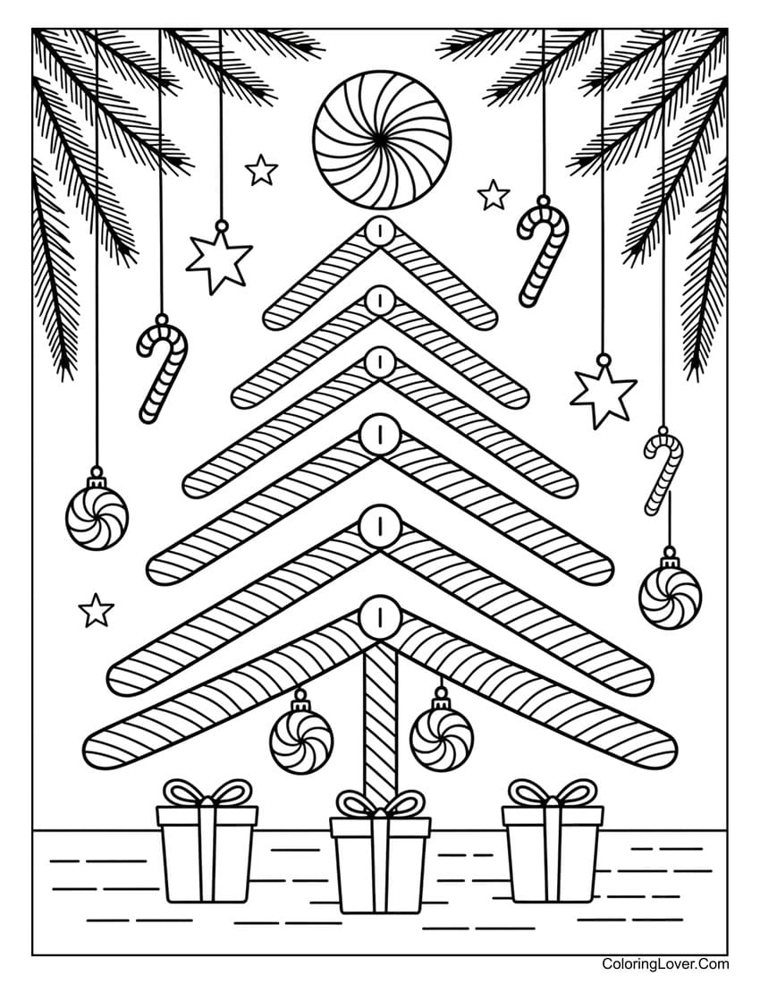 Candy cane Christmas tree with gifts coloring page