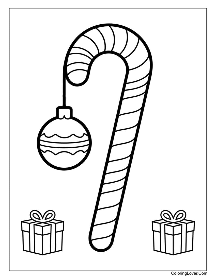 Candy cane with Christmas ornament coloring page