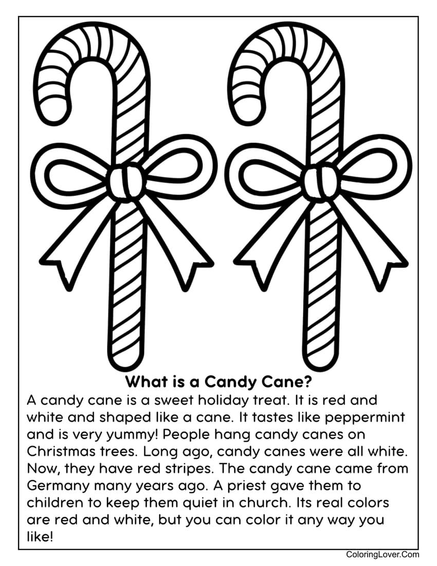 Candy cane with ribbon and text coloring page for kids