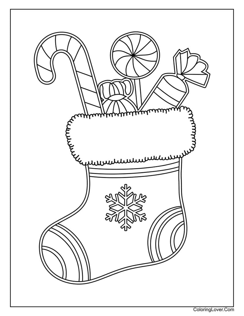 Christmas stocking filled with candy coloring page