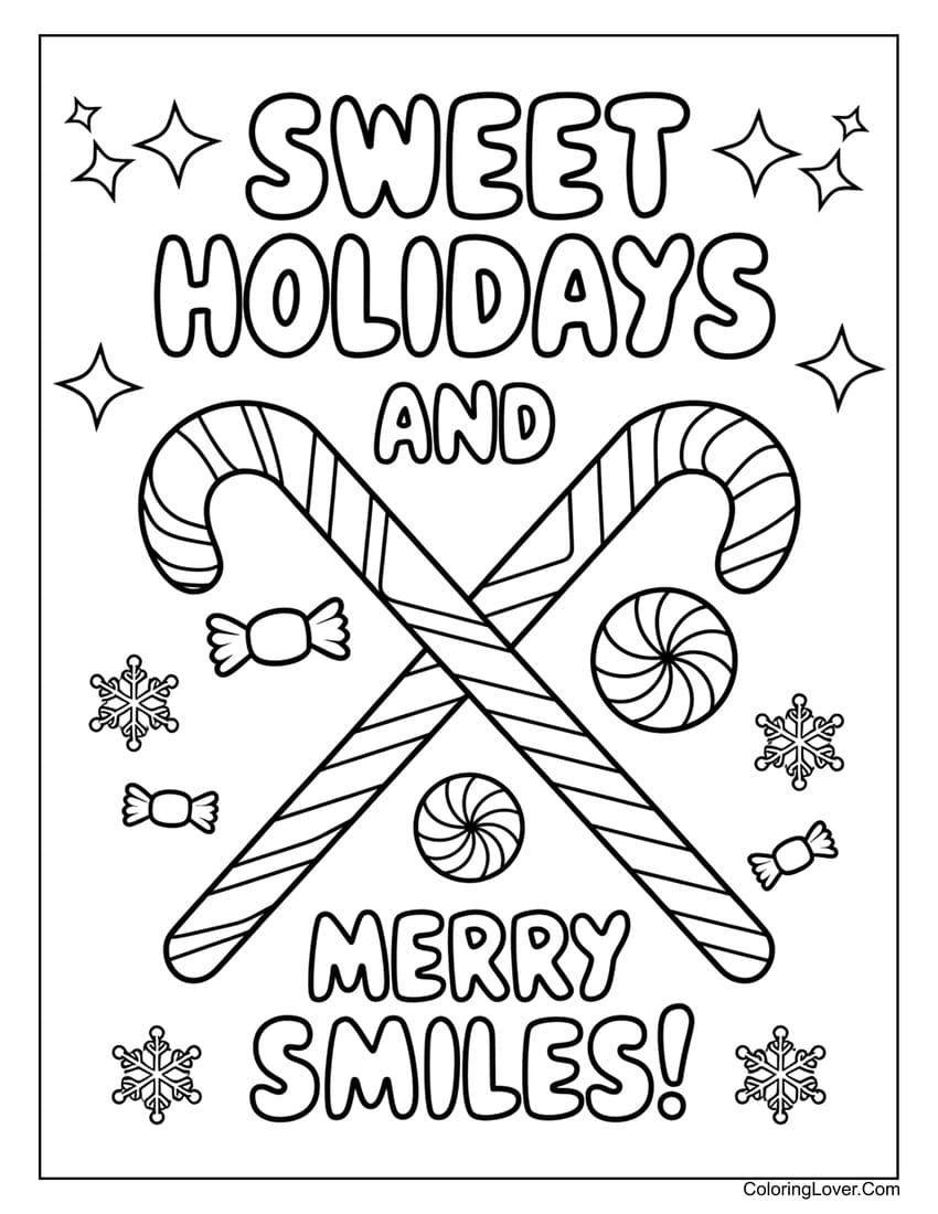 Crossed candy canes with "Sweet Holidays and Merry Smiles" text Coloring page