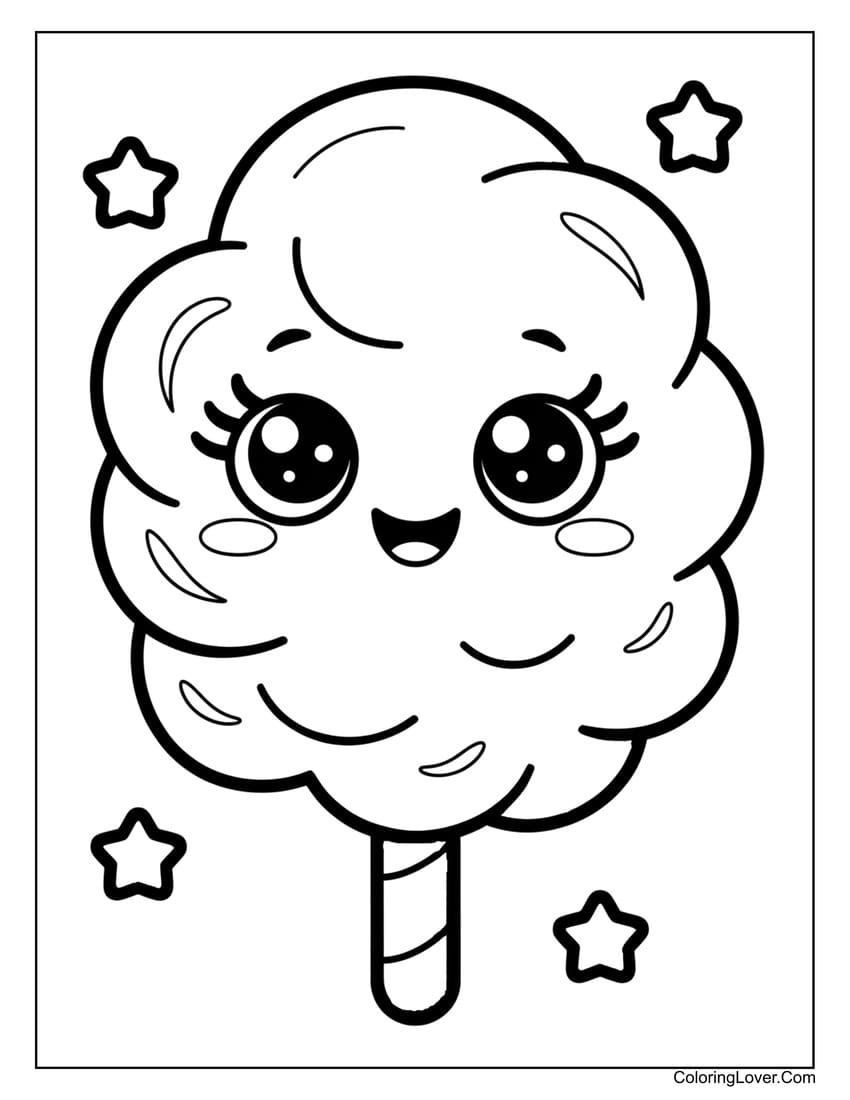 Cute kawaii cotton candy with stars coloring page