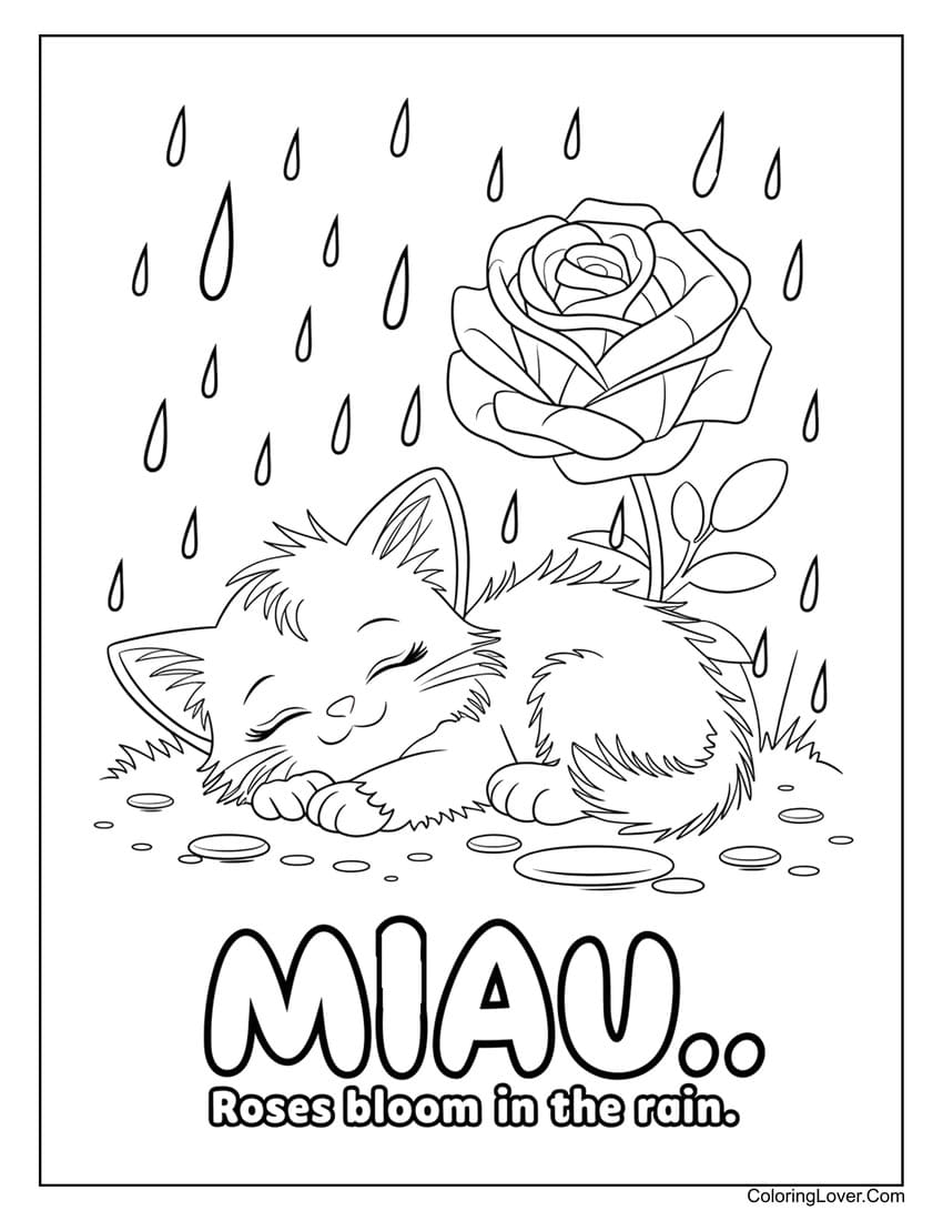 Cute kitten with rose and "MIAU... Roses bloom in the rain." coloring page