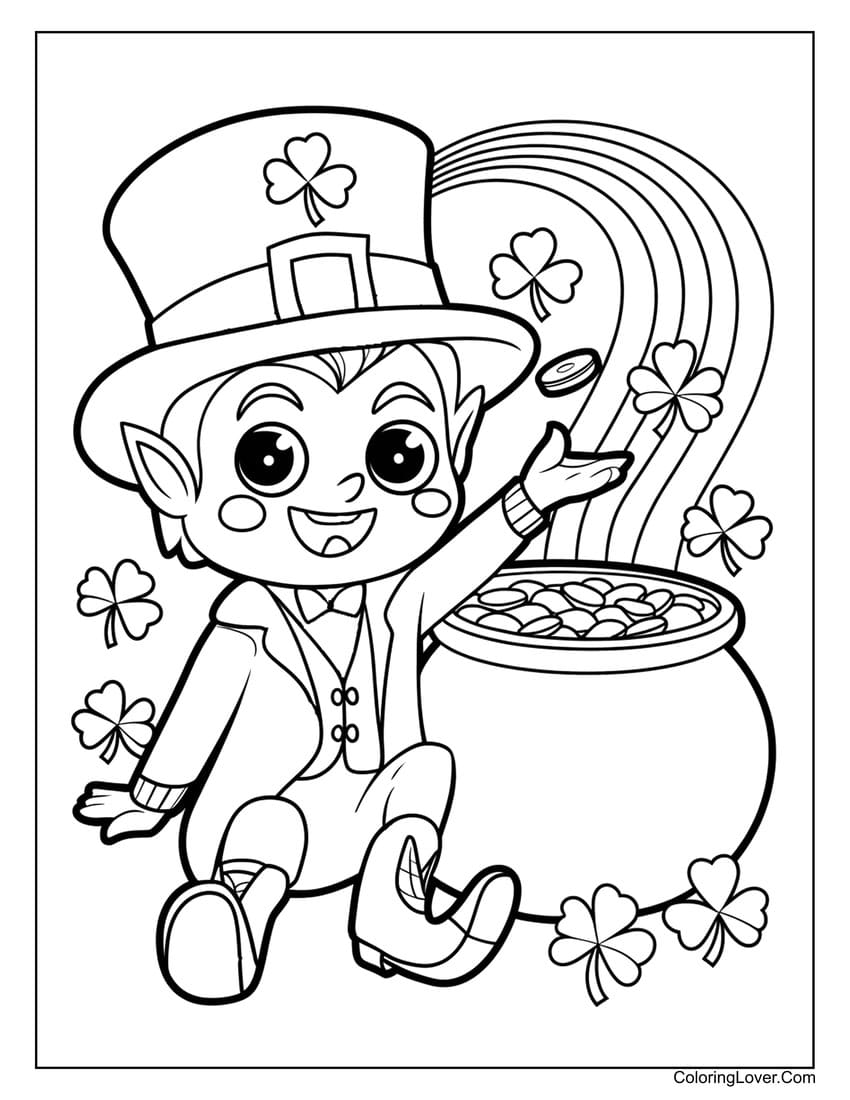 Cute leprechaun tossing gold St. Patrick’s Day coloring page