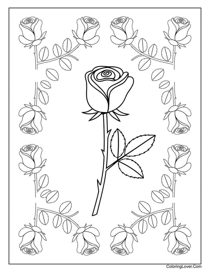 Cute rose surrounded by a floral frame coloring page