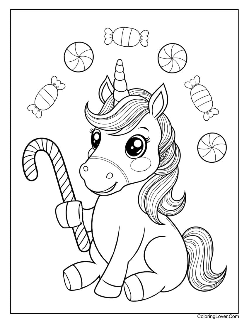 Cute unicorn holding candy cane coloring page