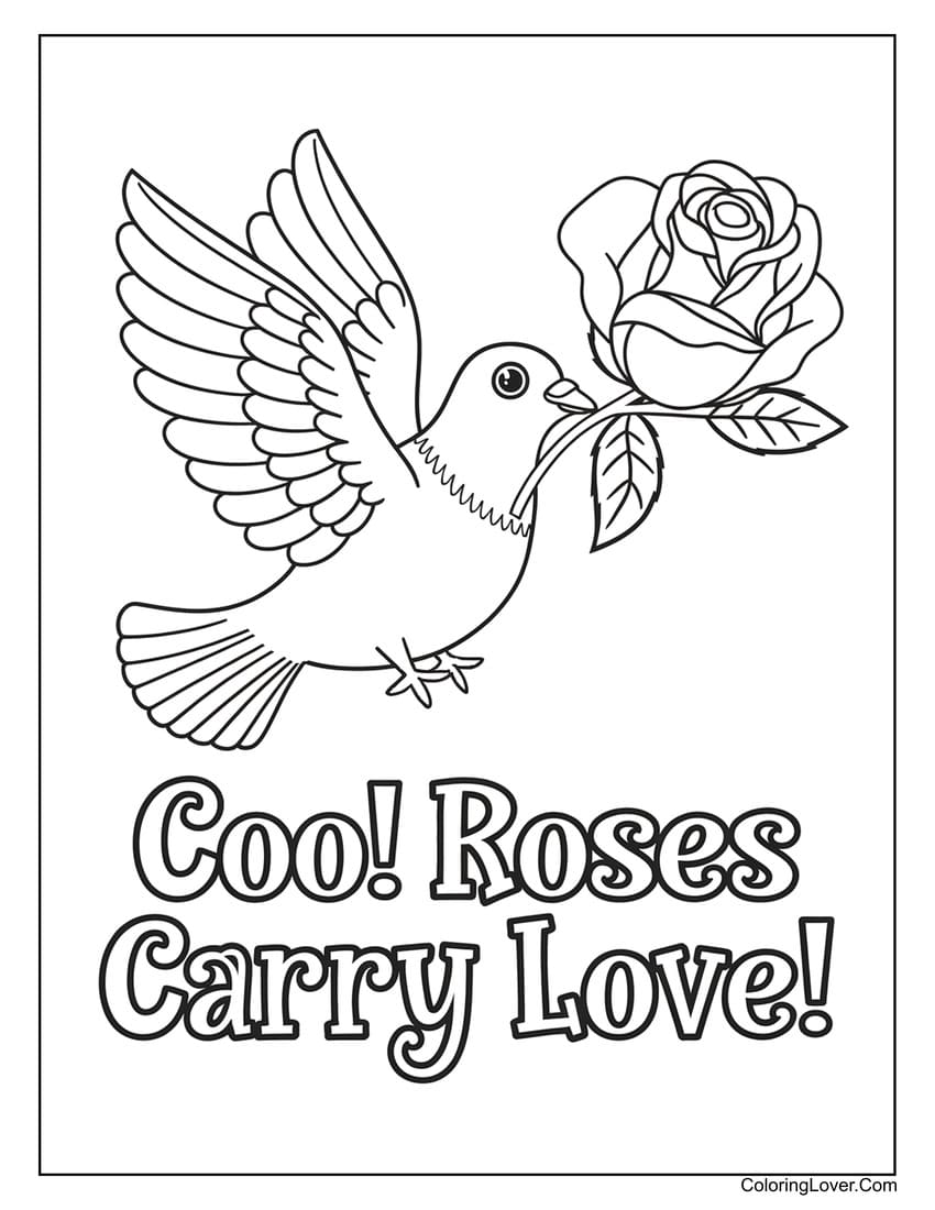 Dove carrying a rose and "Coo! Roses carry love!" coloring page