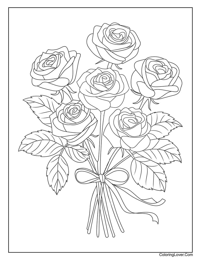 Elegant rose bouquet with ribbon coloring page