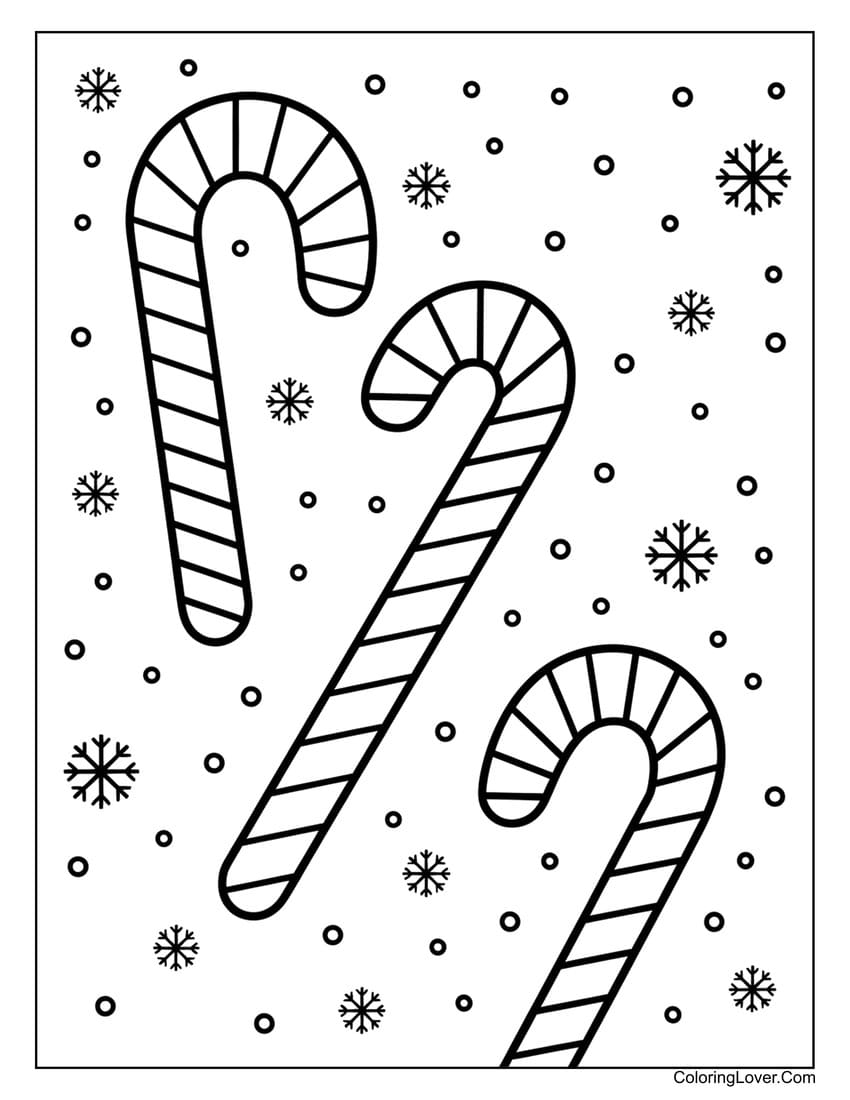 Falling candy canes with snowflakes coloring page