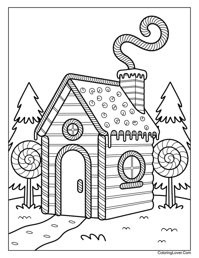 Gingerbread candy house in forest coloring page