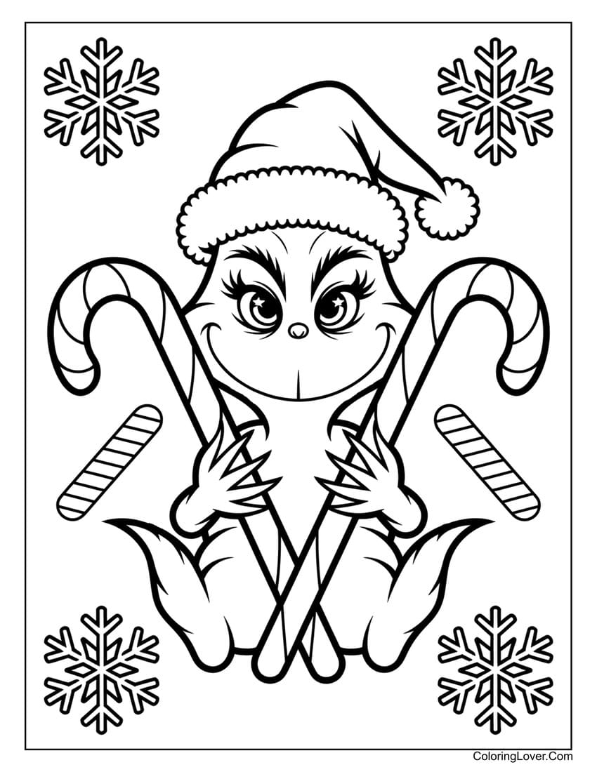 Grinch holding candy canes coloring page for kids