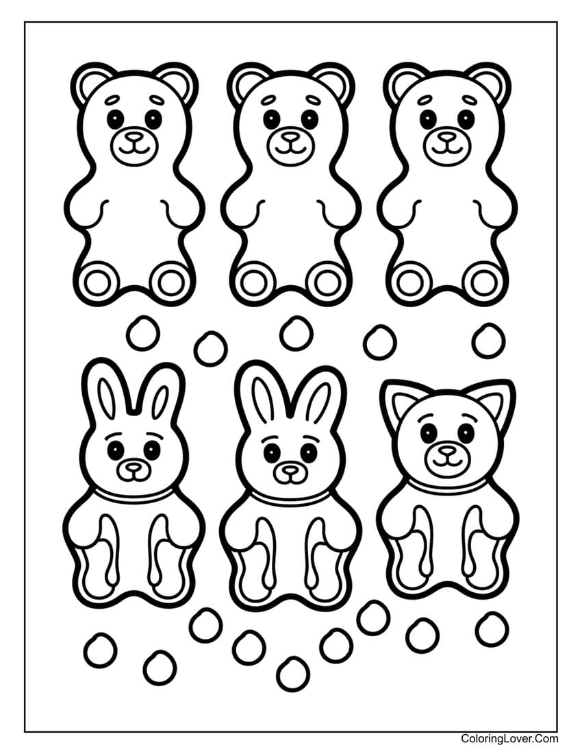 Gummy bear and animal candies coloring page