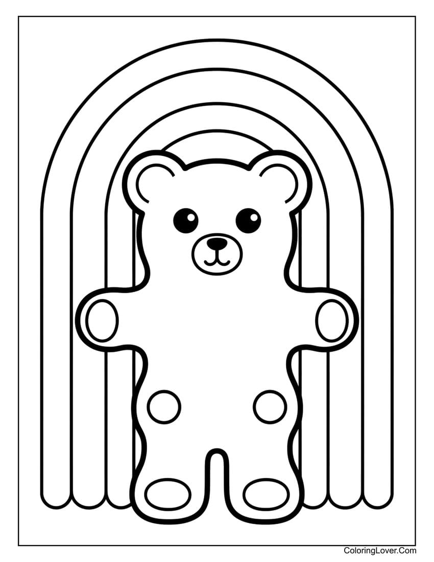 Gummy bear with rainbow background coloring page