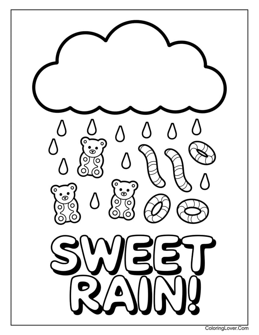 Gummy candy rain with "Sweet Rain" text coloring page