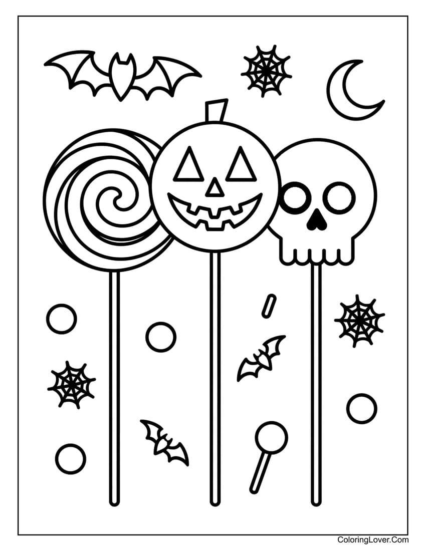 Halloween lollipops with bats and skull coloring page