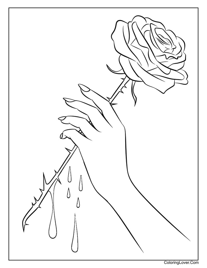 Hand holding a thorny realistic rose coloring page