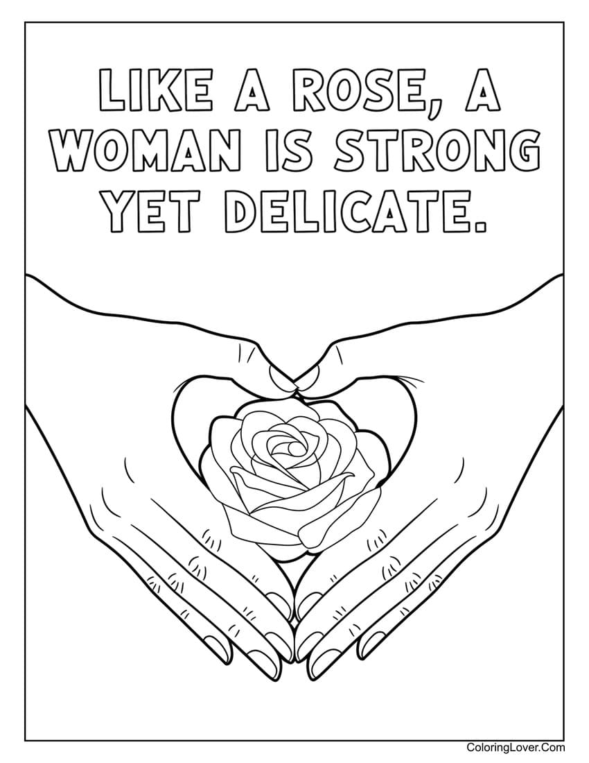 Hands holding a rose with inspirational quote coloring page