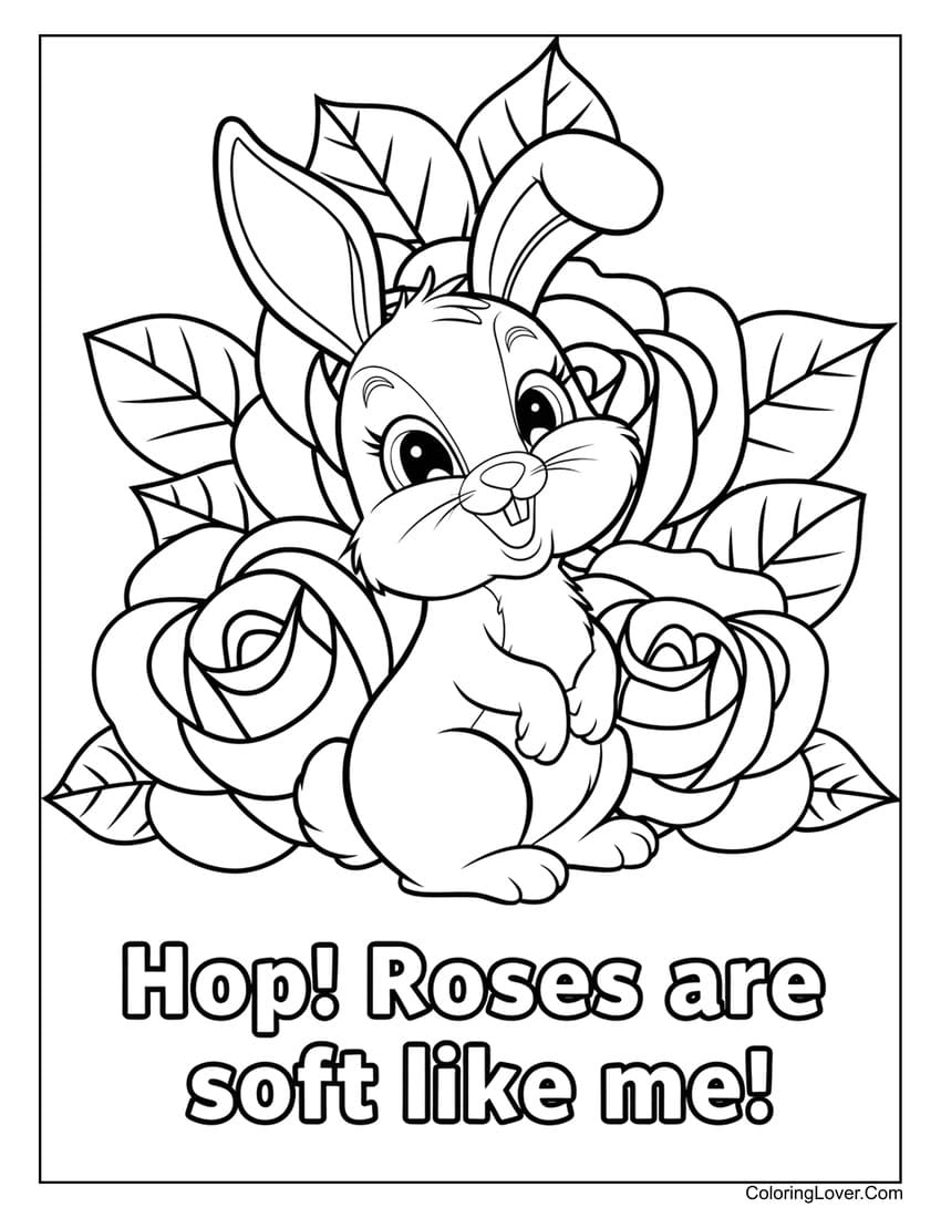 Happy bunny with roses and "Hop! Roses are soft like me!" coloring page