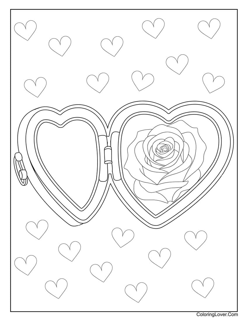 Heart locket with a rose and floating hearts coloring page