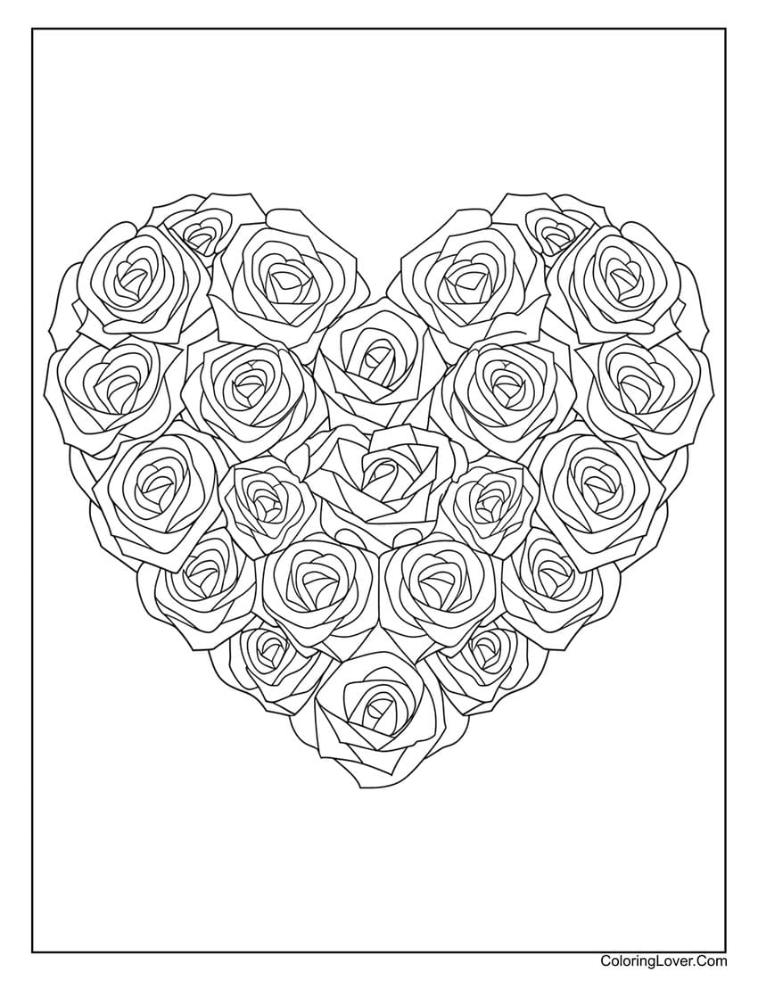 Heart made of multiple roses coloring page