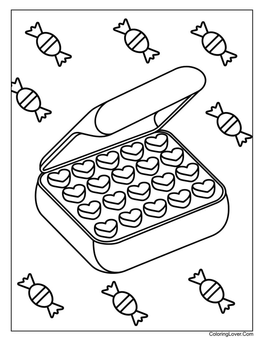 Heart-shaped chocolate box coloring page