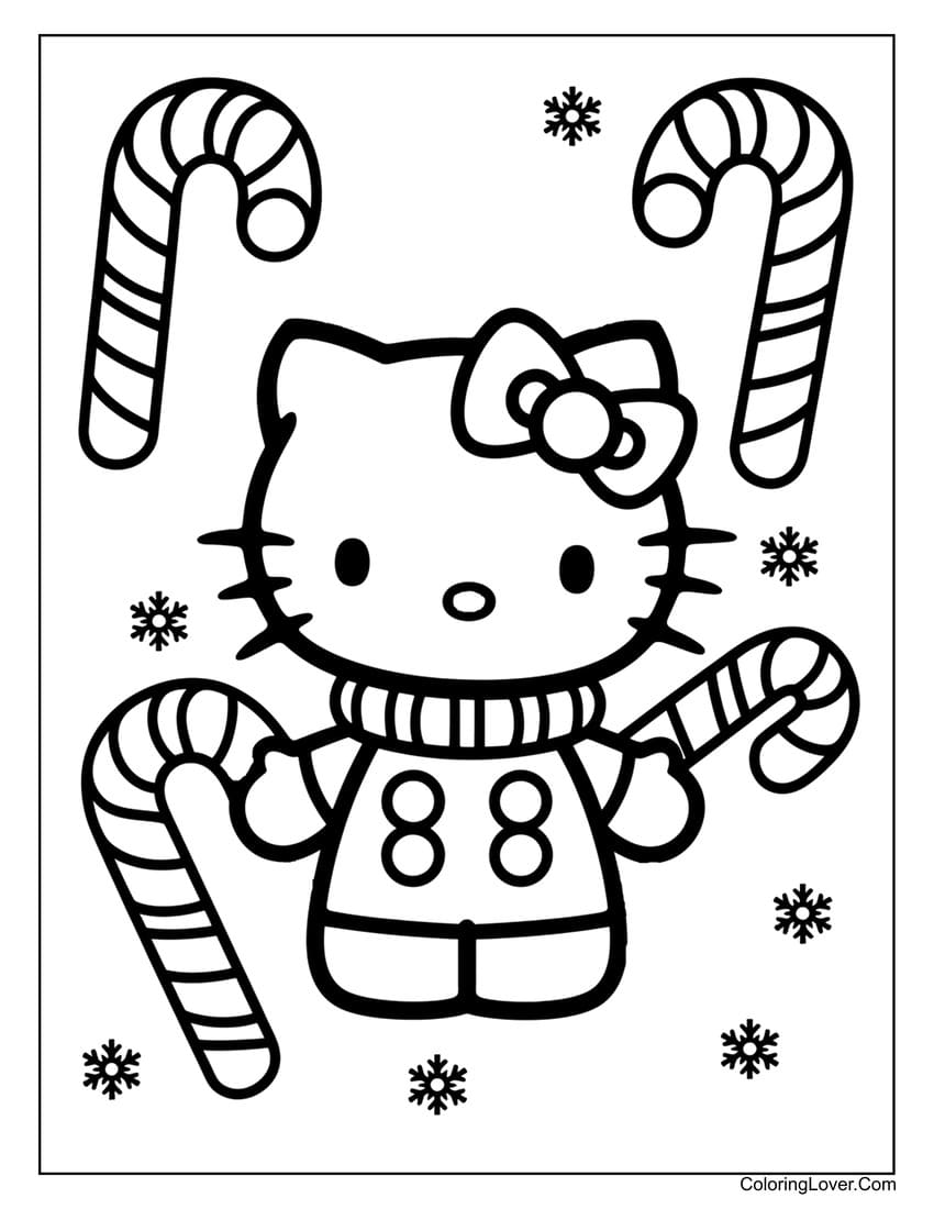 Hello kitty holding candy canes coloring page for kids