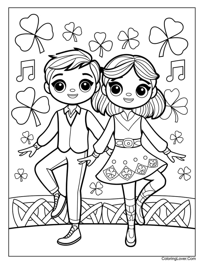 Irish dancers with shamrocks St. Patrick’s Day coloring page