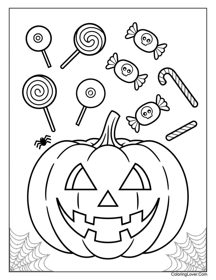 Jack-o-lantern with Halloween candy coloring page