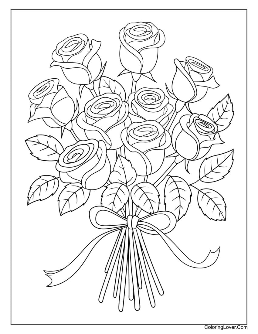 Large rose bouquet with detailed leaves coloring page