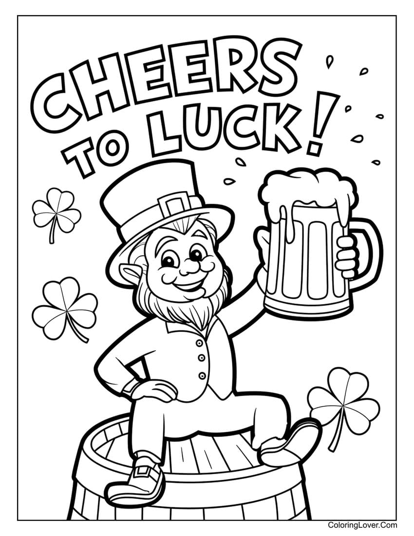 Leprechaun cheers with beer St. Patrick’s Day coloring sheet