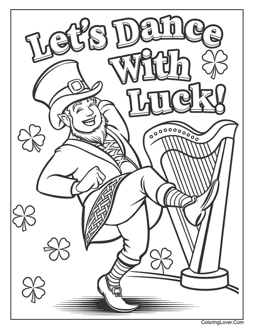 Leprechaun dancing with harp St. Patrick’s Day coloring page