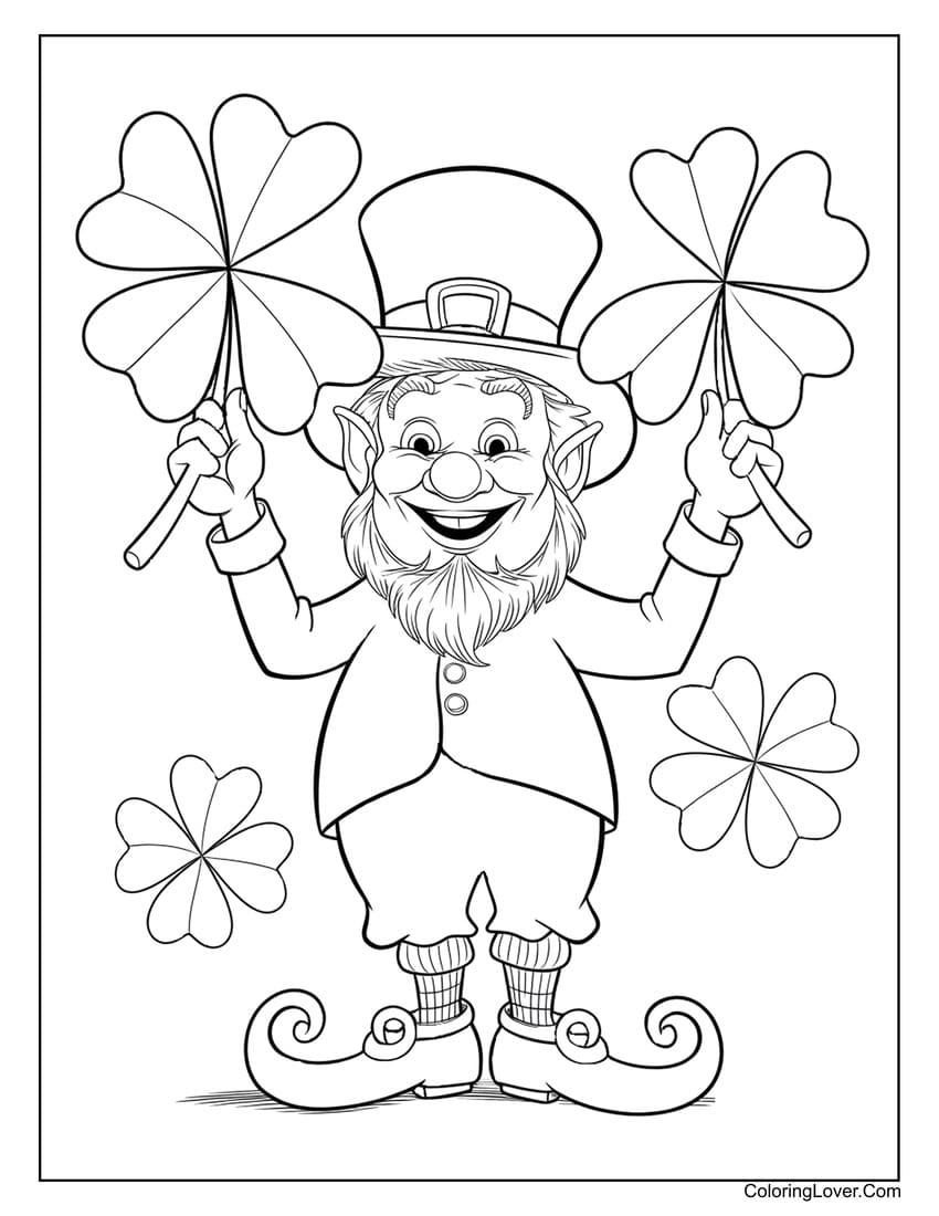 Leprechaun holding shamrocks St. Patrick’s Day coloring sheet