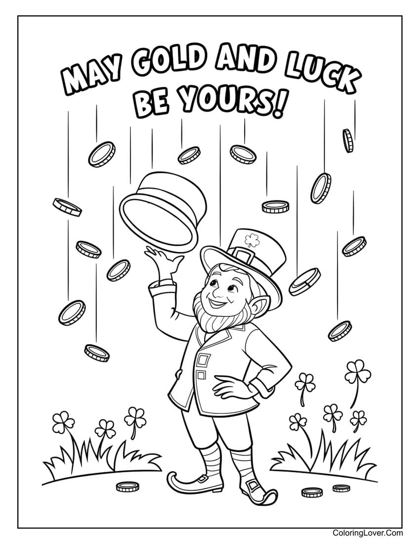 Leprechaun with falling gold St. Patrick’s Day coloring page