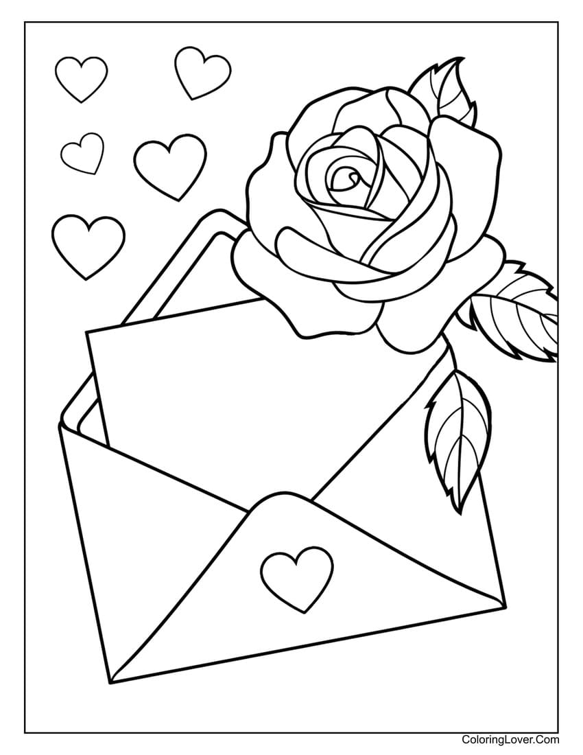 Love letter with a rose and hearts coloring page