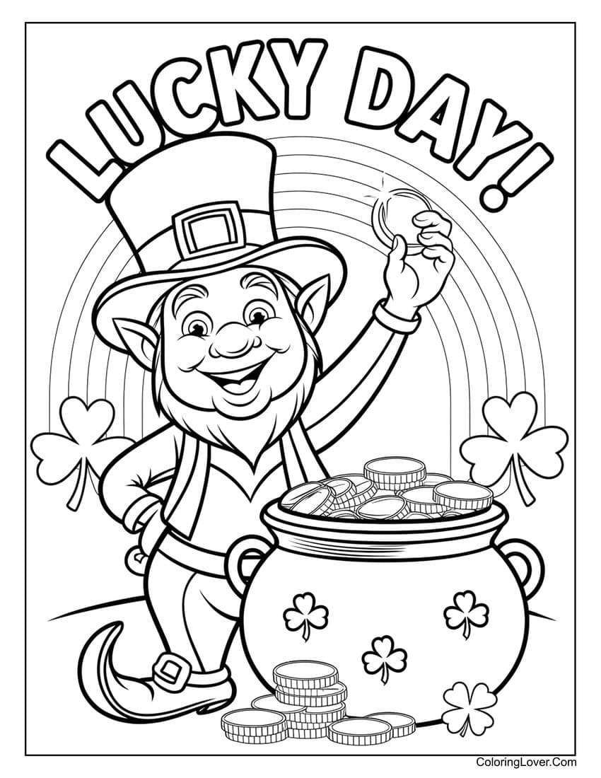 Lucky leprechaun with gold pot St. Patrick’s Day coloring page