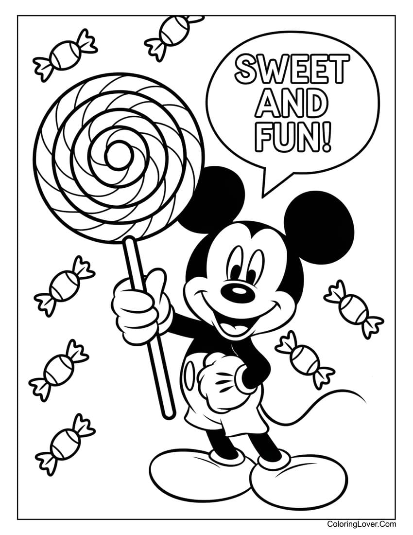 Mickey Mouse holding candy with "Sweet and fun" text coloring page