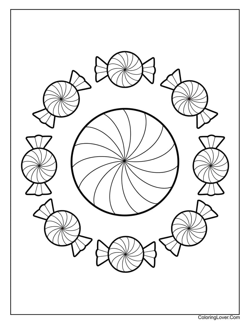 Peppermint candies in circular pattern coloring page