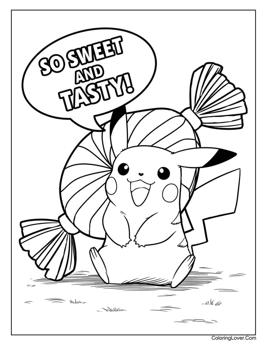 Pikachu with candy and "So sweet and tasty" text coloring page