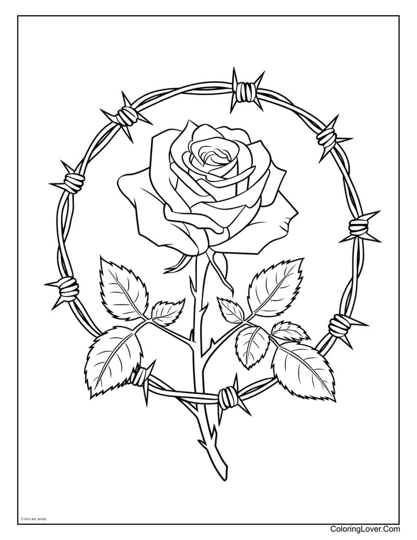 Realistic rose surrounded by barbed wire coloring page