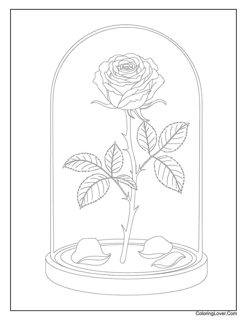 Realistic rose under glass dome coloring page