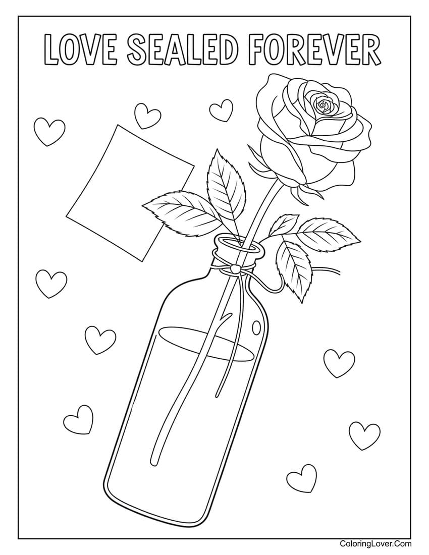 Rose in a bottle with "Love Sealed Forever" coloring page