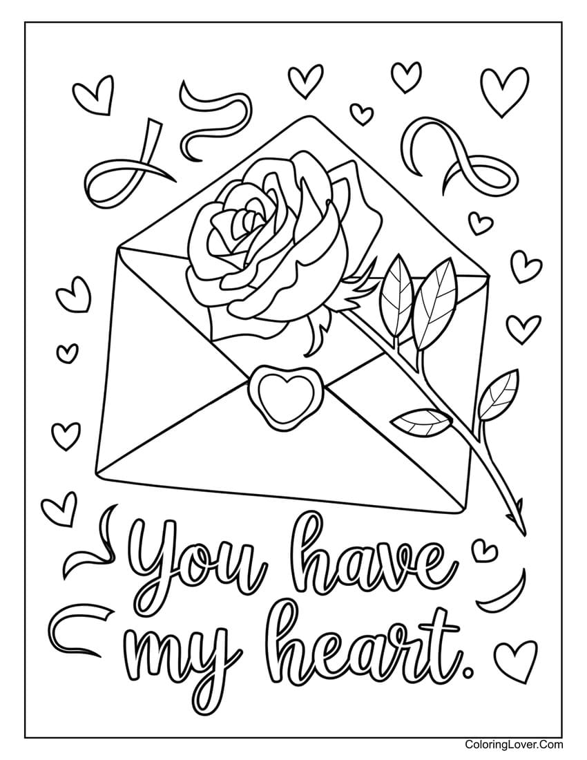 Rose in an envelope with "You have my heart" coloring page