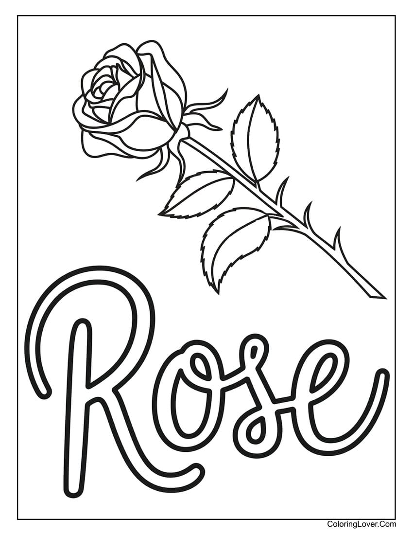 Simple rose drawing with "Rose" text coloring page