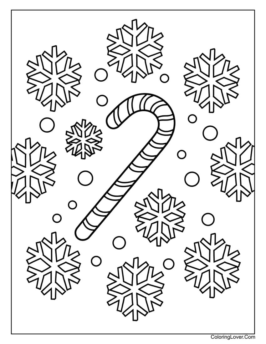 Single candy cane with snowflakes coloring page