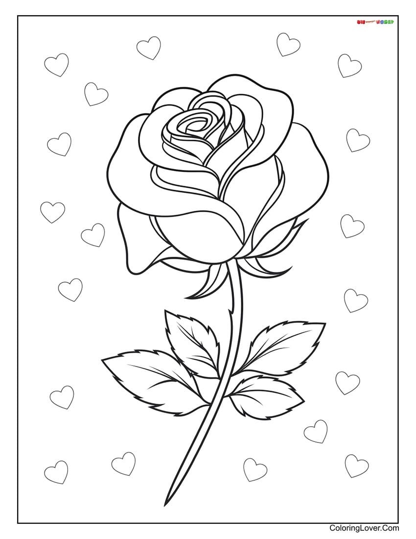 Single rose with hearts coloring page